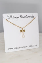 Load image into Gallery viewer, Dainty Freshwater Pearl & Gold Bow Pendant Necklace