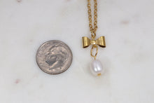 Load image into Gallery viewer, Dainty Freshwater Pearl & Gold Bow Pendant Necklace