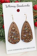 Load image into Gallery viewer, Hand Painted Walnut Wood Christmas Tree Earrings – Holiday Statement Earrings – Sparkle Christmas Jewelry