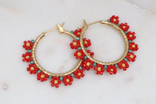 Load image into Gallery viewer, Flower Beaded Gold Hoops