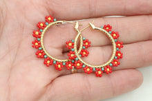 Load image into Gallery viewer, Flower Beaded Gold Hoops