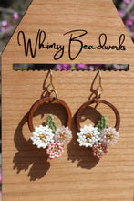 Load image into Gallery viewer, Wood & Beaded Flower Hoop Earrings