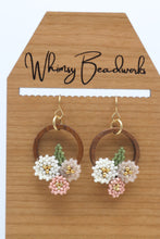 Load image into Gallery viewer, Wood & Beaded Flower Hoop Earrings