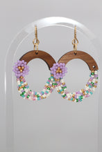 Load image into Gallery viewer, Flower Beaded Wooden Hoop Earrings