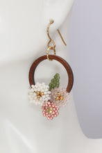 Load image into Gallery viewer, Wood & Beaded Flower Hoop Earrings
