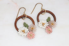Load image into Gallery viewer, Wood & Beaded Flower Hoop Earrings