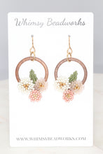 Load image into Gallery viewer, Wood & Beaded Flower Hoop Earrings