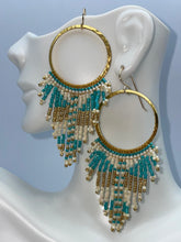 Load image into Gallery viewer, Seed Bead Hoop Earrings in Gold, Aqua & Cream