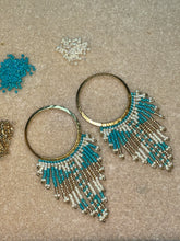 Load image into Gallery viewer, Seed Bead Hoop Earrings in Gold, Aqua & Cream