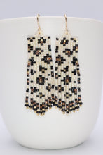 Load image into Gallery viewer, cream seed bead fringe statement earrings with a black, topaz, bronze and gold leopard or cheetah print pattern