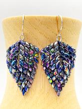 Load image into Gallery viewer, iridescent black beaded Russian leaf earrings.  Hand beaded and hung on sterling silver ear wires