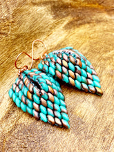 Load image into Gallery viewer, copper and turquoise beaded earrings with a scale effect.  Hung on copper earwires