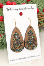 Load image into Gallery viewer, Hand Painted Walnut Wood Christmas Tree Earrings – Holiday Statement Earrings – Sparkle Christmas Jewelry
