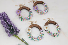 Load image into Gallery viewer, Flower Beaded Wooden Hoop Earrings
