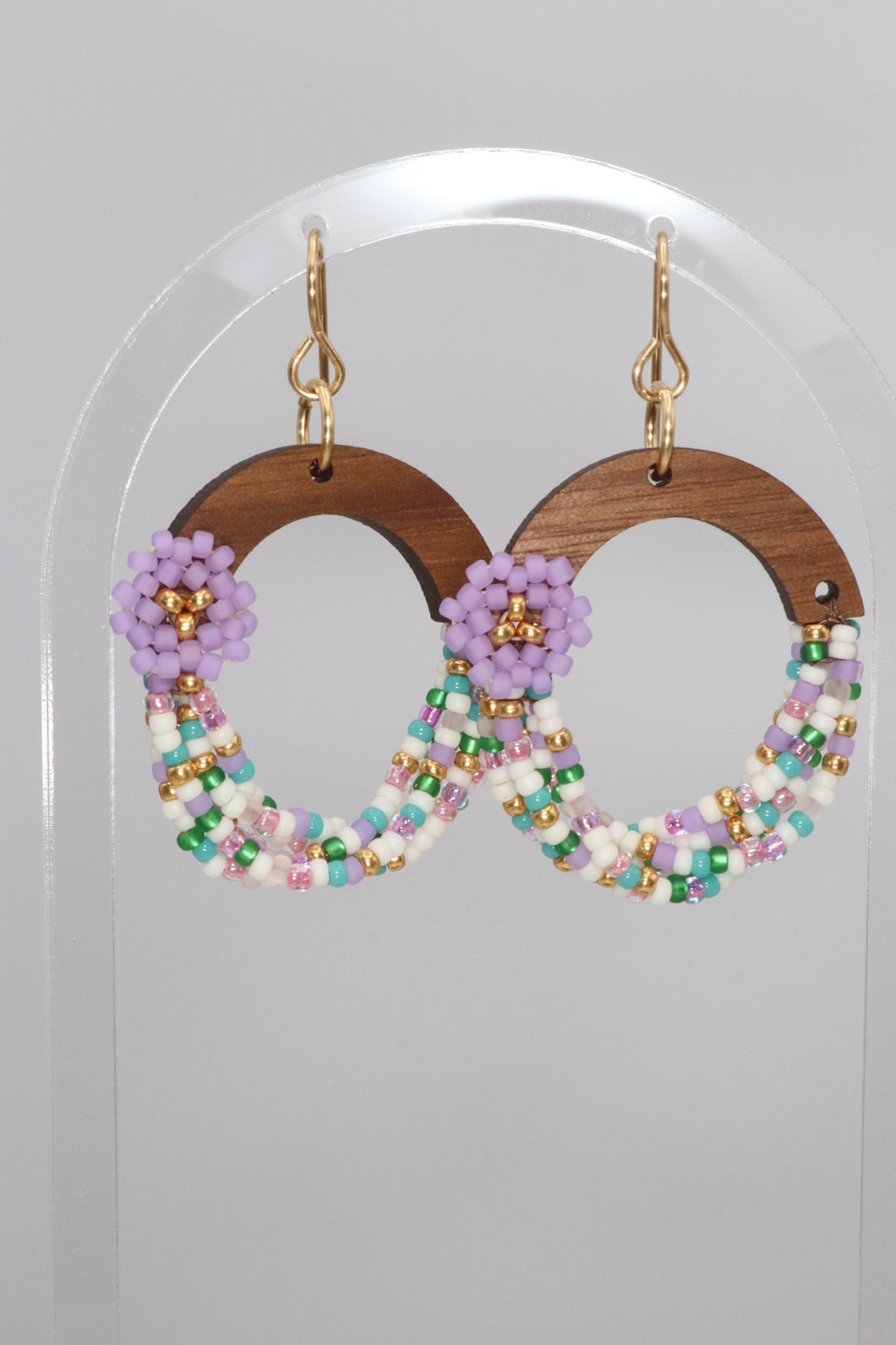 Flower Beaded Wooden Hoop Earrings