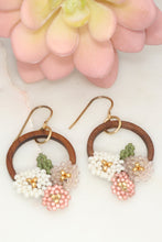 Load image into Gallery viewer, Wood &amp; Beaded Flower Hoop Earrings

