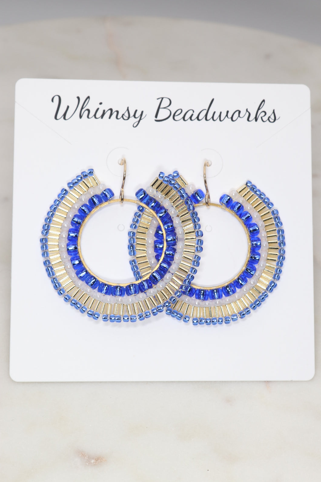Blue and Gold Boho Beaded Hoop Earrings