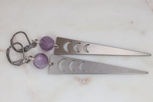 Load image into Gallery viewer, Chevron Amethyst Crescent Moon Dagger Earrings
