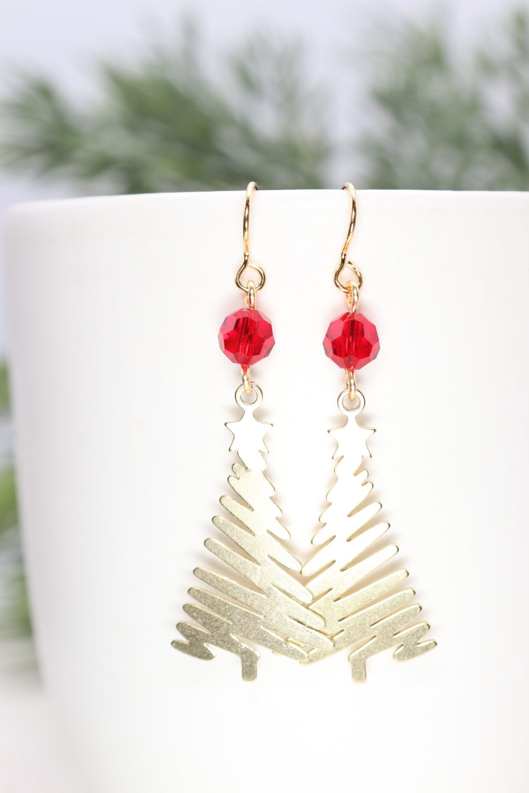 Red Beaded Gold Christmas Tree Earrings