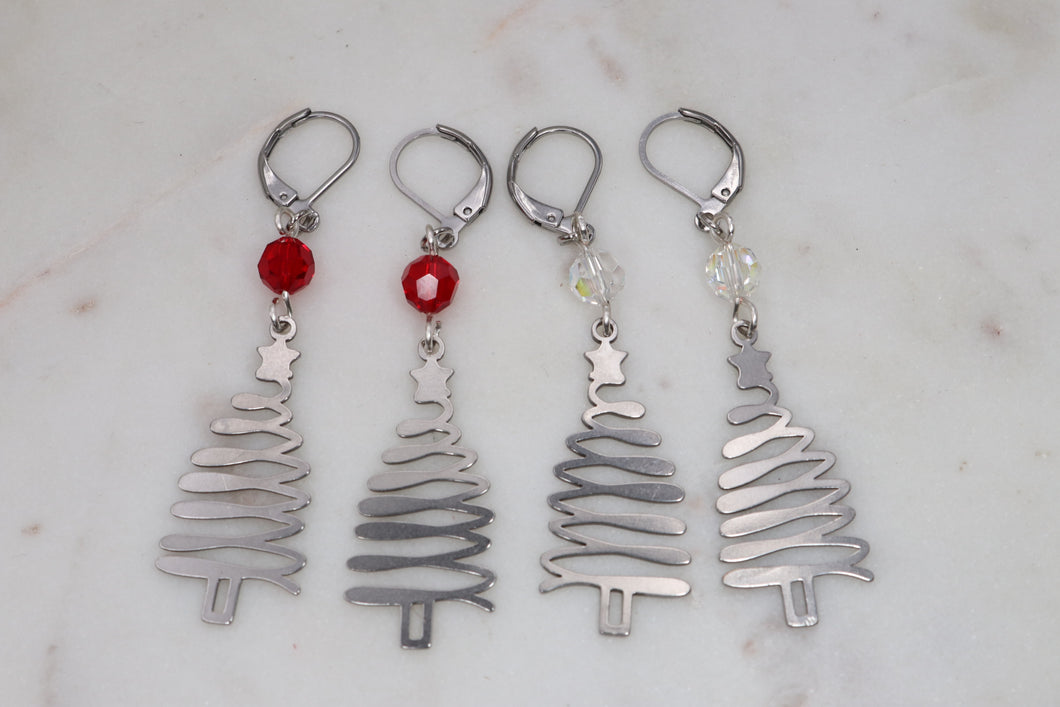Red Beaded Silver Christmas Tree Earrings