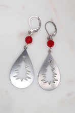 Load image into Gallery viewer, Red Beaded Silver Christmas Tree Silhouette Earrings
