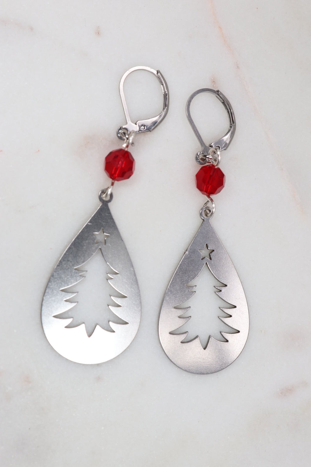 Red Beaded Silver Christmas Tree Silhouette Earrings