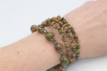Load image into Gallery viewer, Green Gemstone Memory Wire Bracelet featuring Unakite &amp; Crystal
