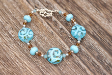 Load image into Gallery viewer, Turquoise Blue Tropical Themed Handmade Glass Crystal &amp; Sterling Silver Floral Bracelet
