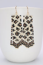 Load image into Gallery viewer, cream seed bead fringe statement earrings with a black, topaz, bronze and gold leopard or cheetah print pattern  
