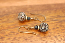Load image into Gallery viewer, Tibetan Agate Beaded Gemstone Earrings. Rustic looking small dangle earrings featuring a Tibetan agate bead topped with a brass rondelle and a faceted black jasper bead.  Hung on antiqued brass ear wires.
