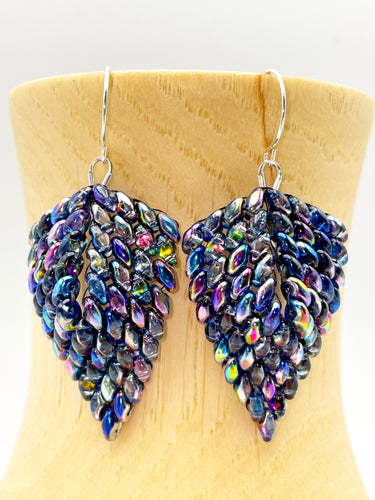 iridescent black beaded Russian leaf earrings.  Hand beaded and hung on sterling silver ear wires