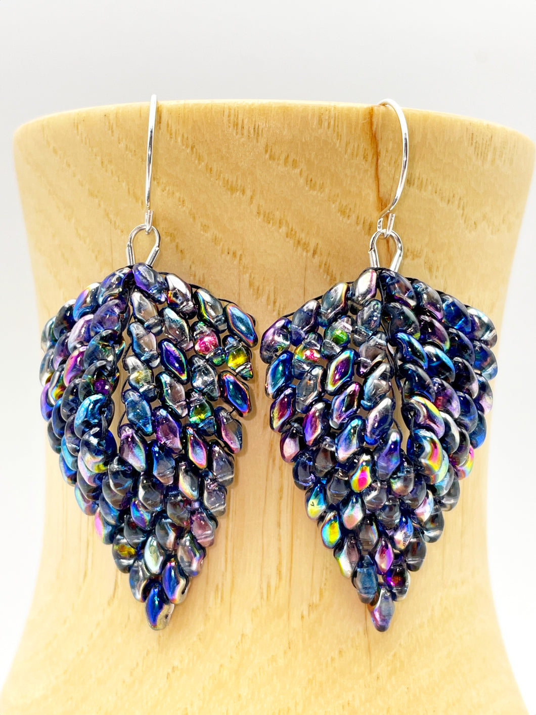 iridescent black beaded Russian leaf earrings.  Hand beaded and hung on sterling silver ear wires