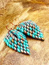 Load image into Gallery viewer, copper and turquoise beaded earrings with a scale effect.  Hung on copper earwires
