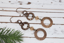 Load image into Gallery viewer, Long Brown Hammered Brass Circle &amp; Crystal Dangle Earrings

