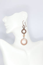 Load image into Gallery viewer, Long Brown Hammered Brass Circle &amp; Crystal Dangle Earrings
