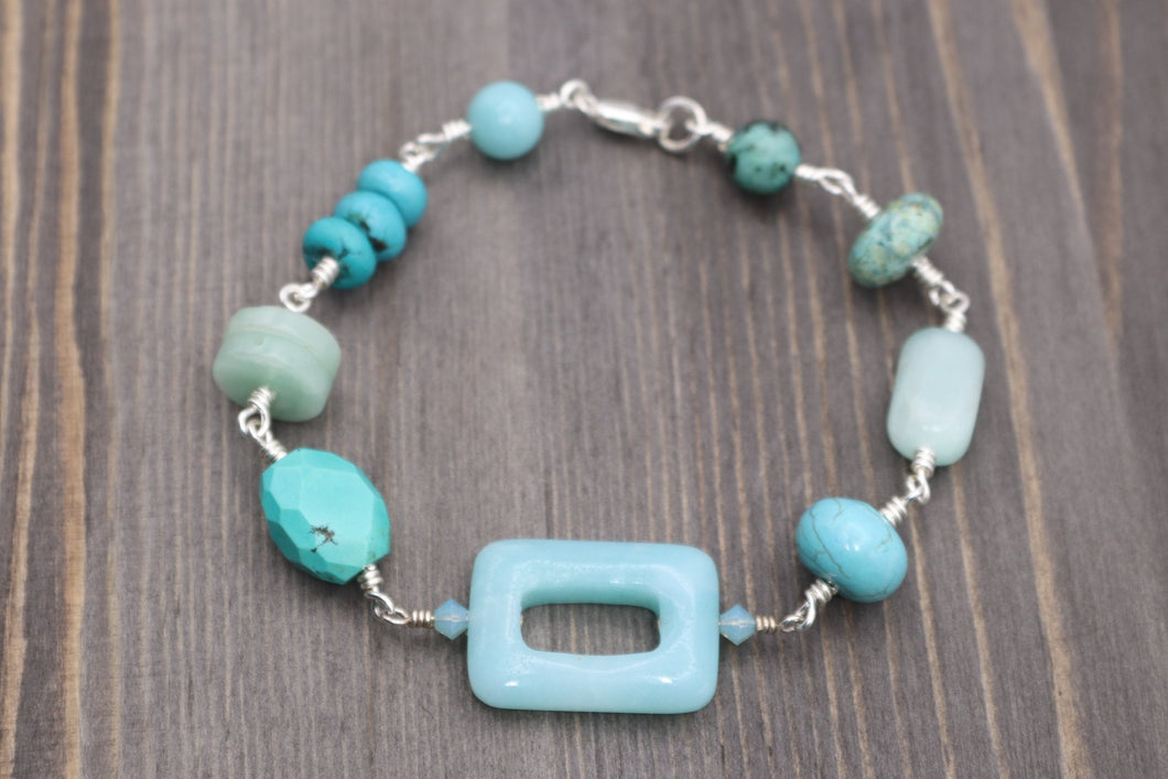 Turquoise & Amazonite Aqua Gemstone & Sterling Silver Bracelet